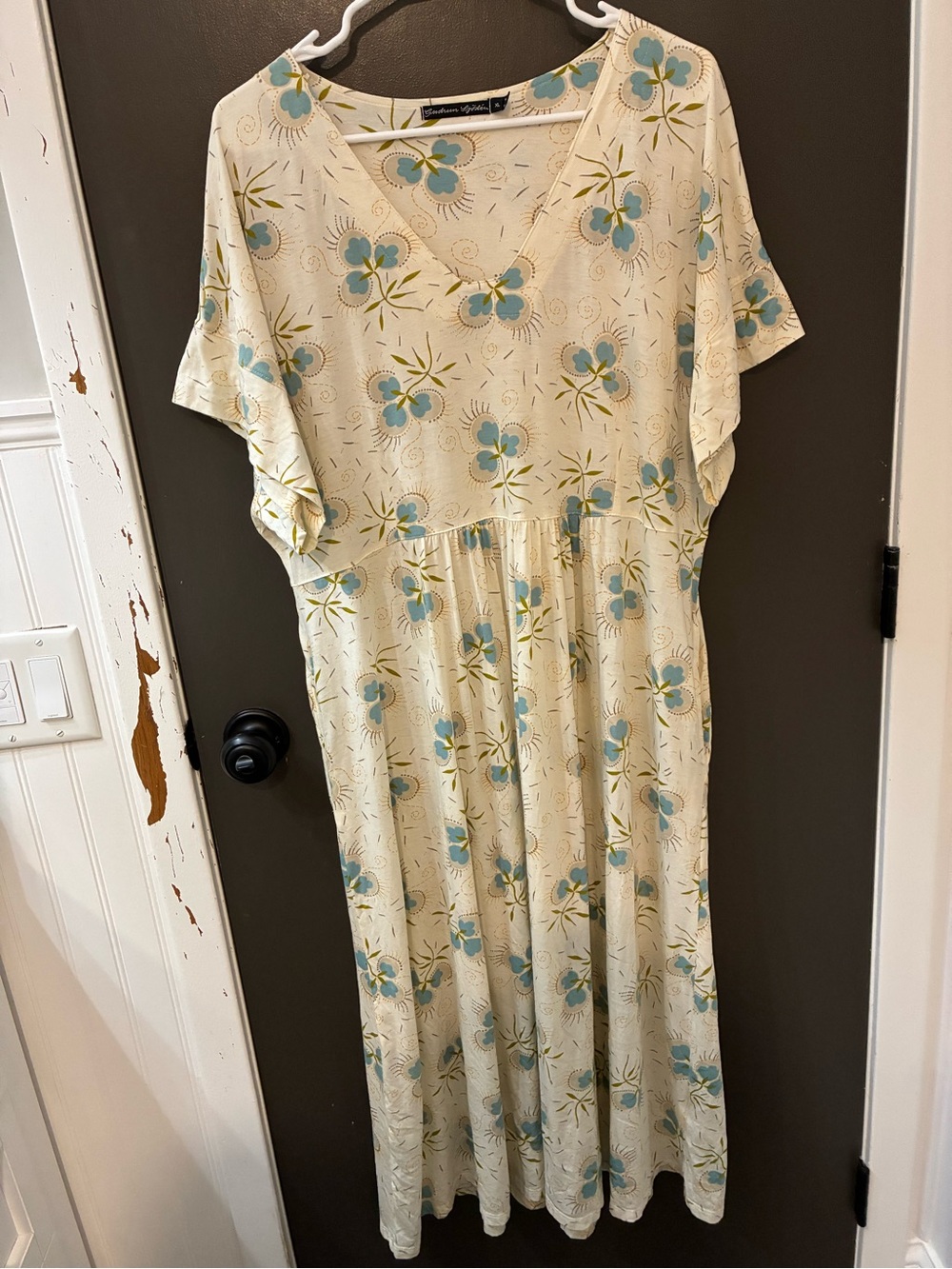 Gudrun Sjoden Cream Midi Dress with Blue Floral, leafy Print